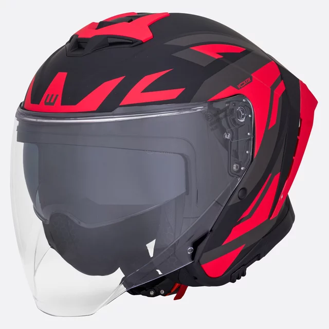 Motoros bukósisak W-TEC Voltik Graphic, mosható bélés, intelligens szellőzés, gyorskioldós mikrometrikus pánt, ECE 22.06 biztonsági szabvány - sárga - piros