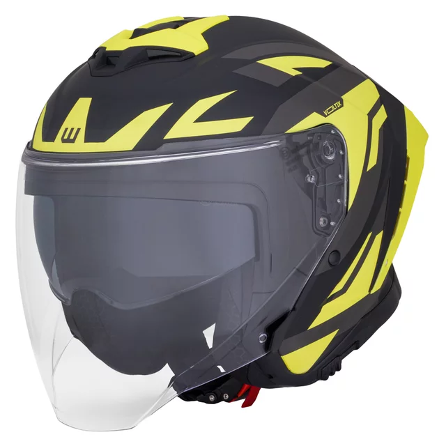 Motoros bukósisak W-TEC Voltik Graphic, mosható bélés, intelligens szellőzés, gyorskioldós mikrometrikus pánt, ECE 22.06 biztonsági szabvány - sárga - sárga