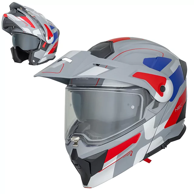 Felhajtható motoros bukósisak 3 az 1-ben W-TEC Neovu Graphic, aerodinamikus forma, csuklós mechanizmus, légáteresztő anyagból készült párnázat - fekete-fluo - szürke-piros-kék