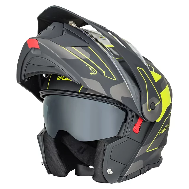 Felhajtható motoros bukósisak 3 az 1-ben W-TEC Neovu Graphic, aerodinamikus forma, csuklós mechanizmus, légáteresztő anyagból készült párnázat - fekete-fluo