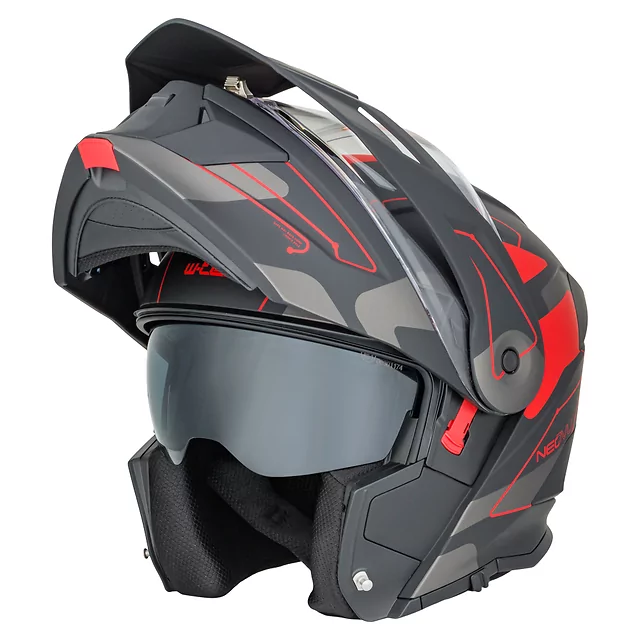 Felhajtható motoros bukósisak 3 az 1-ben W-TEC Neovu Graphic, aerodinamikus forma, csuklós mechanizmus, légáteresztő anyagból készült párnázat - fekete-fluo