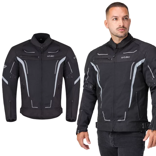 Férfi motoros kabát W-TEC Mirelio, kivehető rugalmas CE-védők, AirVent rendszer, tartós Maxdura® anyag, légáteresztő hálós bélés - szürke-kék-piros - fekete-szürke