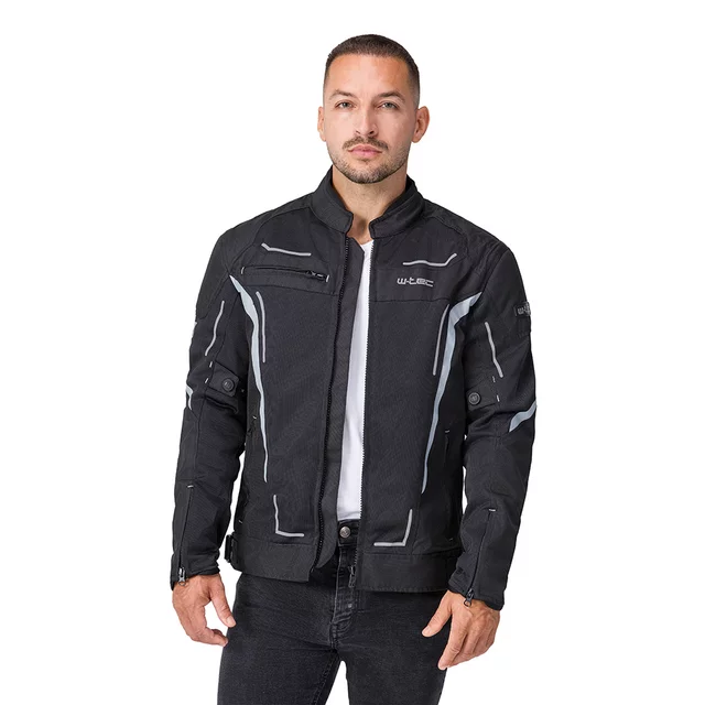 Férfi motoros kabát W-TEC Mirelio, kivehető rugalmas CE-védők, AirVent rendszer, tartós Maxdura® anyag, légáteresztő hálós bélés - szürke-kék-piros