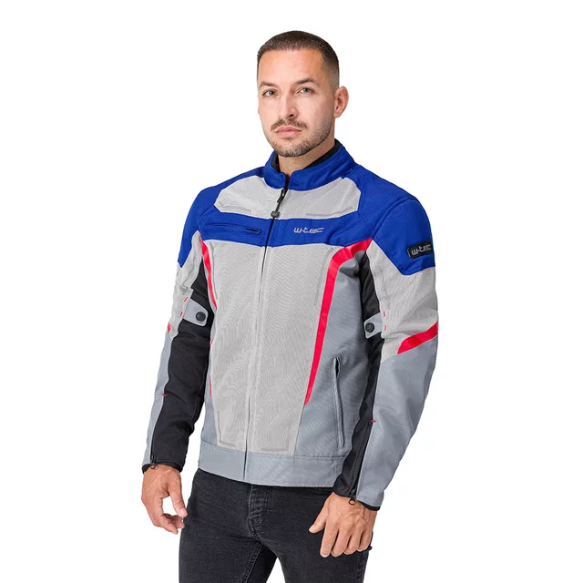 Férfi motoros kabát W-TEC Mirelio, kivehető rugalmas CE-védők, AirVent rendszer, tartós Maxdura® anyag, légáteresztő hálós bélés - szürke-kék-piros