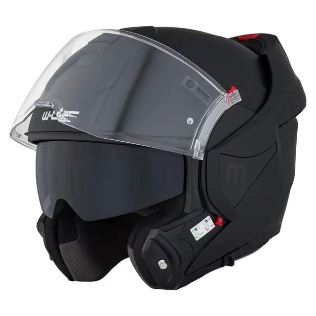 Felhajtható motoros bukósisak W-TEC Sabron P/J, Pinlock® 70 előkészítés, zárható szellőzőrendszer, fém reteszelő mechanizmus - Fekete Matt