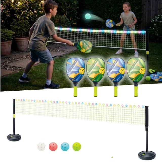 Világító pickleball szett inSPORTline LRS400, tartós anyag, praktikus, világító műanyagból készült, 4 játékos számára, EN71 biztonsági tanúsítvány