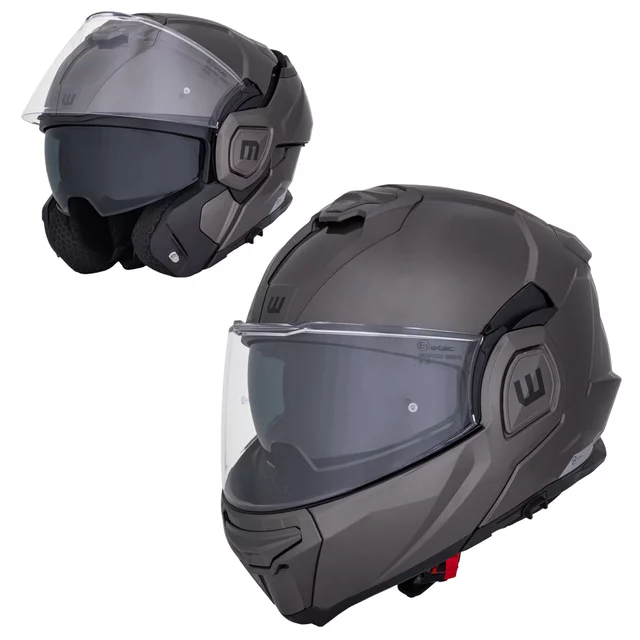 Felhajtható motoros bukósisak W-TEC Zoroz P/J, zárható szellőzőrendszer, fém reteszelő mechanizmus, Pinlock® 70 előkészítés - Matt Fekete -Fluoreszkáló Rózsaszín - Metál Szürke