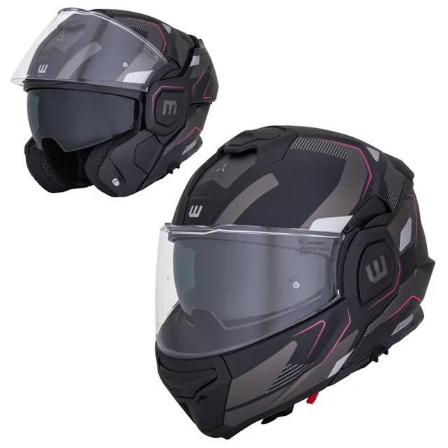 Felhajtható motoros bukósisak W-TEC Zoroz P/J, zárható szellőzőrendszer, fém reteszelő mechanizmus, Pinlock® 70 előkészítés - Metál Szürke - Matt Fekete -Fluoreszkáló Rózsaszín