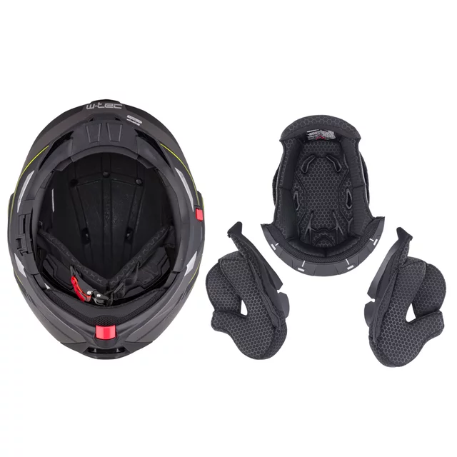 Felhajtható motoros bukósisak W-TEC Zoroz P/J, zárható szellőzőrendszer, fém reteszelő mechanizmus, Pinlock® 70 előkészítés - Matt Fekete -Fluoreszkáló Rózsaszín