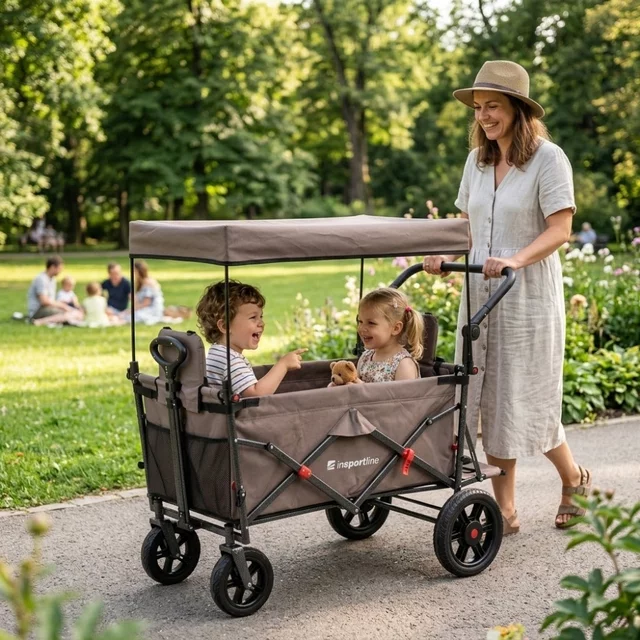 Összecsukható kiskocsi inSPORTline StrollKidz gyermekszállítási lehetőséggel, biztonsági fék, 2 összecsukható ülés, 5 pontos biztonsági öv