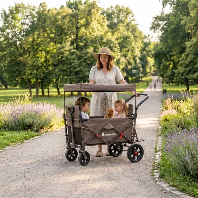 Összecsukható kiskocsi inSPORTline StrollKidz gyermekszállítási lehetőséggel, biztonsági fék, 2 összecsukható ülés, 5 pontos biztonsági öv