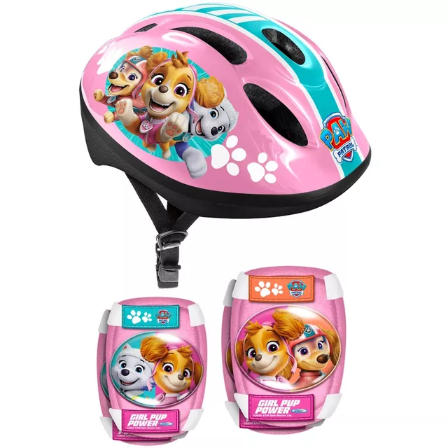 Gyermek sisak + védőszett Paw Patrol rózsaszín, állítható méret, tanúsítás, könnyű és erős anyag, nem mérgező anyag
