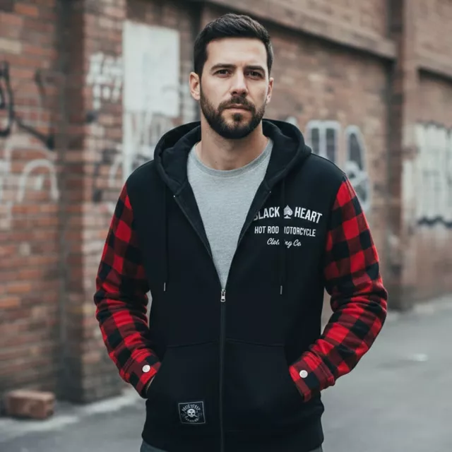 Motoros kapucnis pulóver W-TEC Black Heart Ramforge, húzózsinóros kapucni, elasztikus kötött szegély, előkészítés hát-, váll- és könyökvédőhöz - piros-fekete - piros-fekete