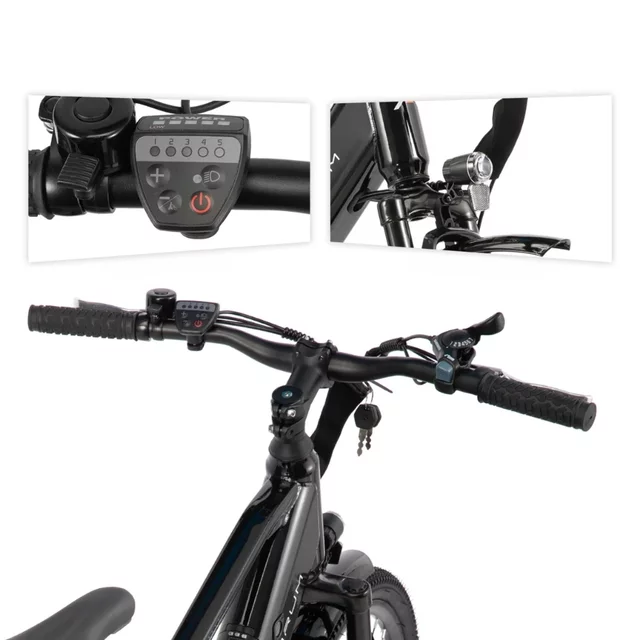 Elektromos túrakerékpár Joystar AMBRUM Matawak 26" 250 Wh, akár 65 km hatótávolság 155-175 cm, 7 sebességes Shimano váltó, elektromos rásegítési szint - fekete-kék