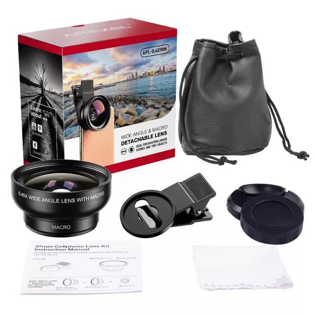 Apexel 2 az 1-ben objektívkészlet – 0,45x nagylátószögű és 12,5x makró, kompakt, hordozható, univerzális csíptethetőség