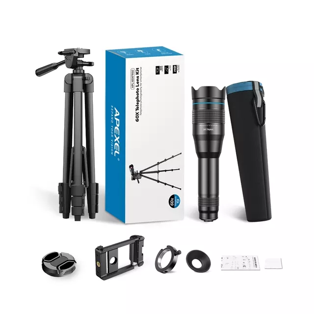 Teleobjektív állvánnyal Apexel 60X, stabil állványrögzítés, kopásálló alumíniumszerkezet, többrétegű FMC optika