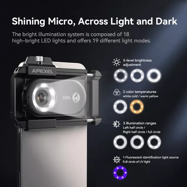 Mikroszkóp lencse okostelefonhoz 200x Apexel LED és UV fénnyel, egyszerű felszerelés, kiváló képminőség, részletgazdag nézet