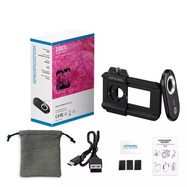 Mikroszkóp lencse okostelefonhoz 200x Apexel LED és UV fénnyel, egyszerű felszerelés, kiváló képminőség, részletgazdag nézet