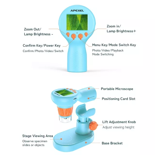 Gyermek digitális mikroszkóp Apexel, ergonomikus kialakítás, közeli zoomolást tesz lehetővé, SD kártya ajándékba