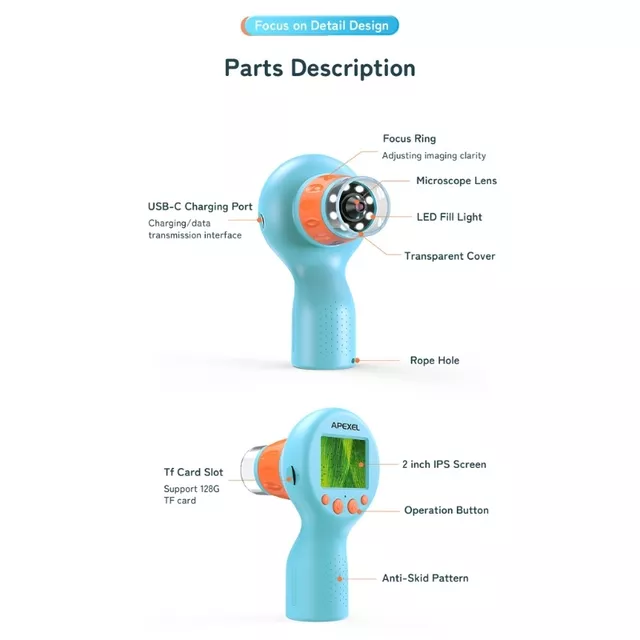Gyermek digitális mikroszkóp Apexel, ergonomikus kialakítás, közeli zoomolást tesz lehetővé, SD kártya ajándékba