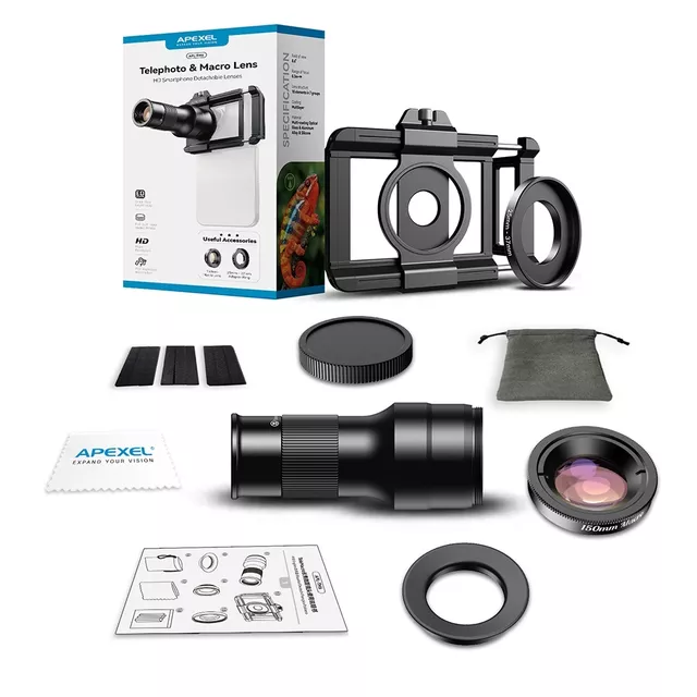 2 az 1-ben készlet 6x teleobjektív és 150 mm makró objektív Apexel, kristálytiszta képek, univerzális klipszes rögzítés