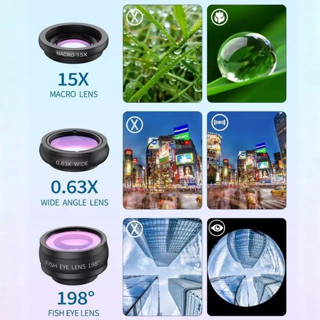 6 az 1-ben készlet Apexel - 18x teleobjektívek állvánnyal és Bluetooth-os kioldóval, univerzális csiptető, 4 objektív egy készletben