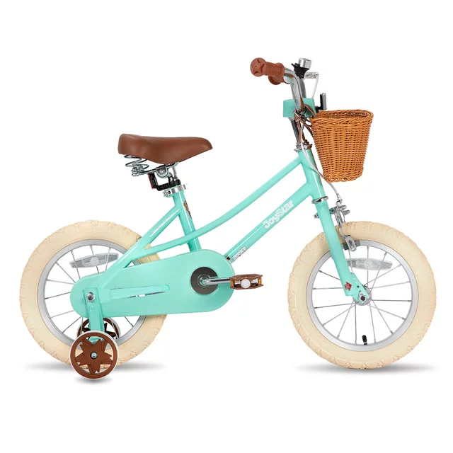 Gyermekkerékpár kosárral Joystar Retro 14", 92-120 cm, kiegészítő segédkerekek , csengő, szilárd acélváz, mintázott felfújható kerekek, puha ülés - sárga - mentol