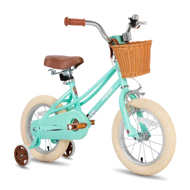 Gyermekkerékpár kosárral Joystar Retro 14", 92-120 cm, kiegészítő segédkerekek , csengő, szilárd acélváz, mintázott felfújható kerekek, puha ülés - sárga