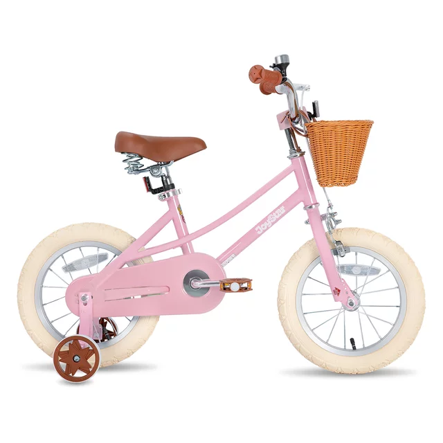 Gyermekkerékpár kosárral Joystar Retro 14", 92-120 cm, kiegészítő segédkerekek , csengő, szilárd acélváz, mintázott felfújható kerekek, puha ülés - sárga - rózsaszín
