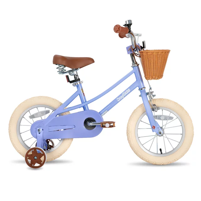 Gyermekkerékpár kosárral Joystar Retro 14", 92-120 cm, kiegészítő segédkerekek , csengő, szilárd acélváz, mintázott felfújható kerekek, puha ülés - sárga - lila