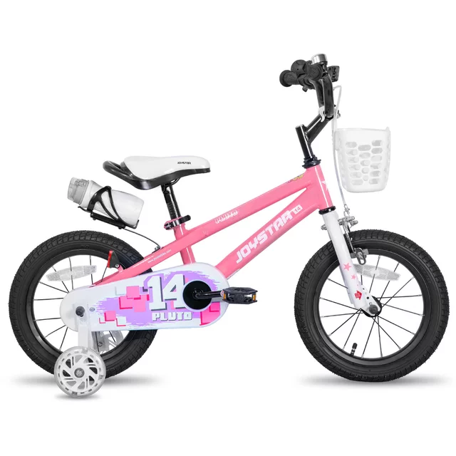 Gyerekbicikli Joystar Pluto 20", 115-145 cm, világító segédkerekek, strapabíró acélváz, biztonságos fékek, állítható nyeregmagasság, palacktartó - rózsaszín - rózsaszín