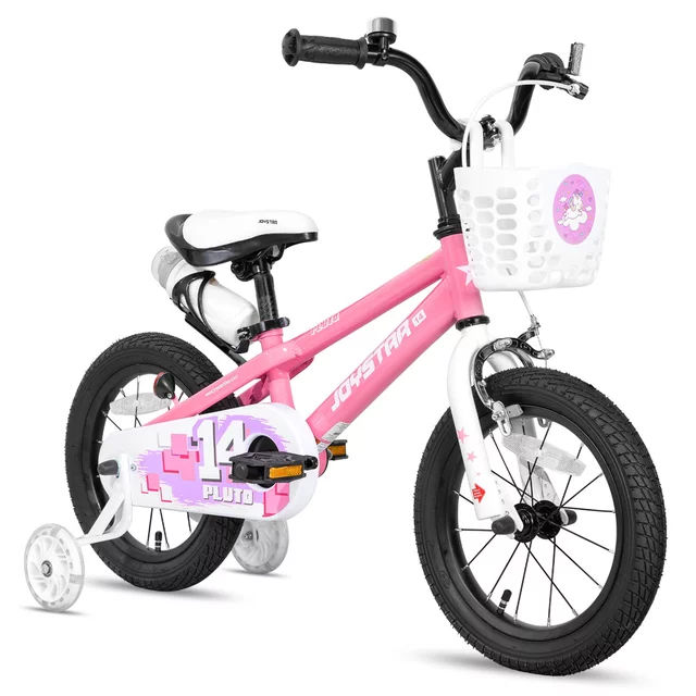 Gyermekkerékpár Joystar Pluto 12", 82-105 cm, könnyen kezelhető fékek, strapabíró acélváz, zárt láncvédő, állítható nyeregmagasság - lila - rózsaszín