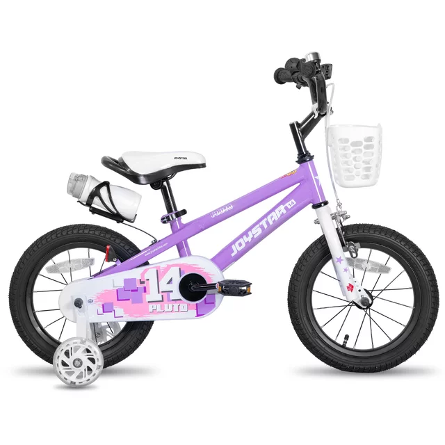 Gyerekbicikli Joystar Pluto 20", 115-145 cm, világító segédkerekek, strapabíró acélváz, biztonságos fékek, állítható nyeregmagasság, palacktartó - rózsaszín - lila