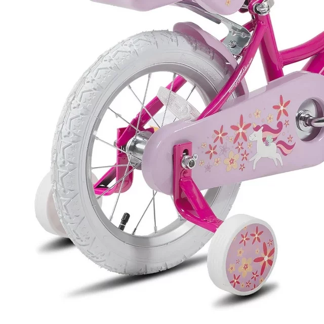Gyermekkerékpár Joystar Unicorn 12", 82-105 cm, praktikus kosár, babaülés, segédkerekek, szilárd acélváz, erős villa, állítható kormány és nyereg - lila