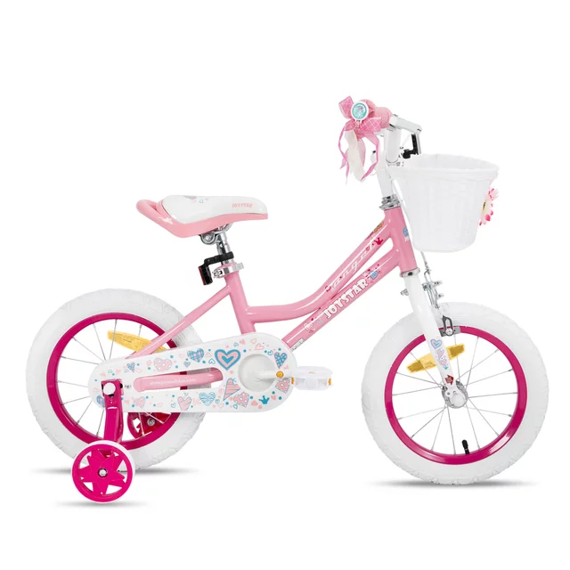 Gyermekkerékpár kosárral és segédkerekekkel Joystar Angel 14", 91-119 cm, stílusos kosár, strapabíró váz, hátsó kontrafék, leszerelhető segédkerekek - kék - világos rózsaszín