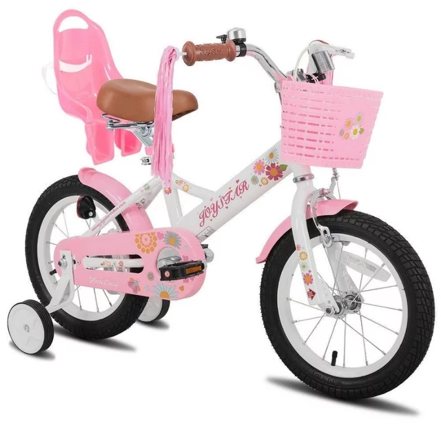 Gyermekkerékpár Joystar Little Daisy 12", 82-105 cm, állítható nyereg és kormány, kormánykosár, babaülés, csengő, felfújható gumiabroncsok, kontrafék - világos rózsaszín - fehér