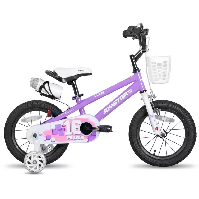 Gyermekkerékpár Joystar Pluto 16", 105-135 cm, világító segédkerekek, állítható nyeregmagasság, szilárd acélváz, zárt láncvédő burkolat - kék - lila