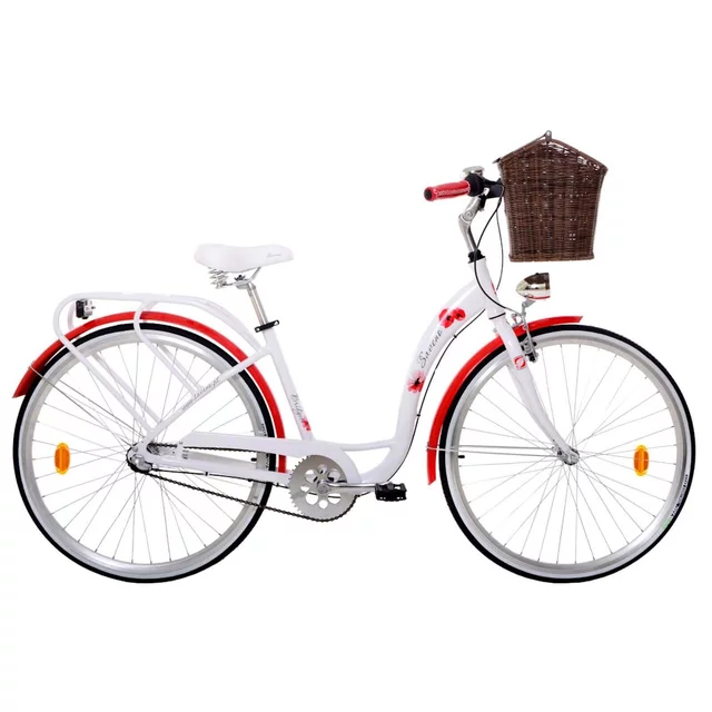 Városi kerékpár Saveno Bridget NEX7 28" - 2025-ös modell, csengő, sárvédők, hátsó csomagtartó, kosár - fehér - fehér