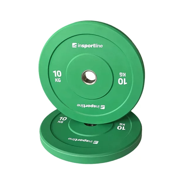 Gumírozott súlytárcsa inSPORTline Bumper Plate Go 10 kg 50 mm, minőségi kivitelezés, vonzó színkialakítás, kopásálló, tartós ütköző gumi