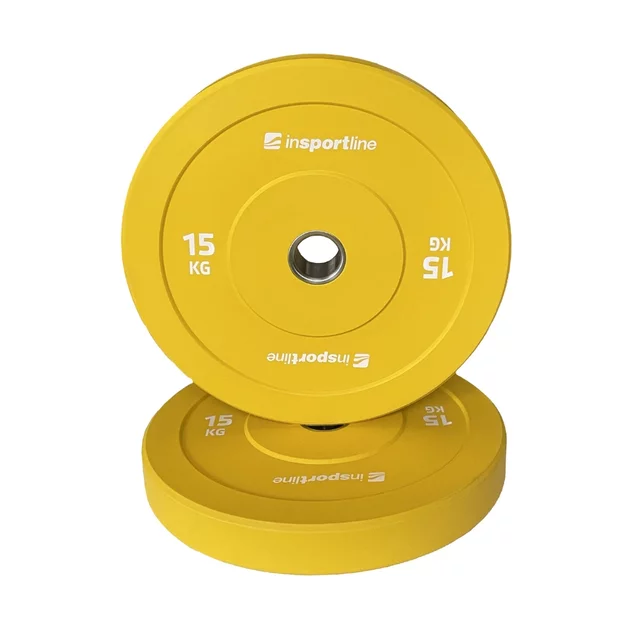 Gumírozott súlytárcsa inSPORTline Bumper Plate Go 15 kg 50 mm, minőségi kivitelezés, vonzó színkialakítás, kopásálló, tartós ütköző gumi