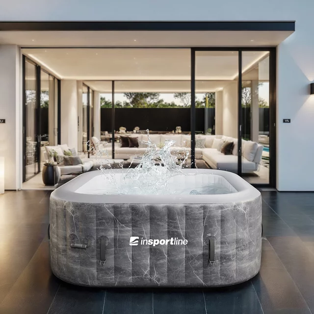 Pezsgőfürdő inSPORTline Kamilia 155x155x65 cm, 2–3 fős befogadóképesség, 110 hatékony aeromasszázs-fúvóka, 40 °C-ig emelhető vízhőmérséklet, önfelfújó