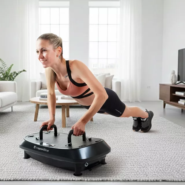 Vibrációs platform inSPORTline Duonique, 30 sebesség, 6 program, enyhén ívelt felület, csúszásmentes edzésfelület, LED kijelző és távirányító