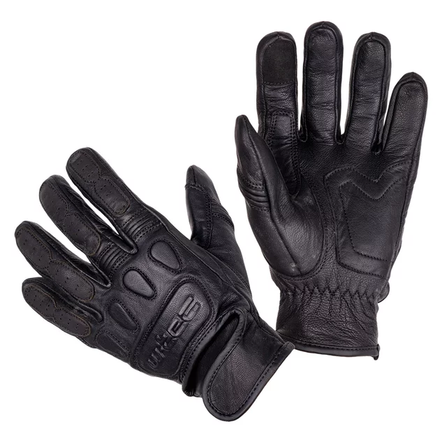 Bőr motoros kesztyű W-TEC Cherton II, tépőzáras záródás, elasztikus bordázott panelek, szellőző perforációk, nyílás a kézháton - fekete - fekete