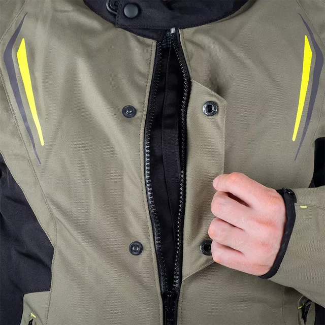 Túra motoros kabát W-TEC Karmal, levehető CE protektorok, Maxdura® 600-D szövet, vízálló klímamembrán, léghűtéses rendszer - fekete-olivazöld