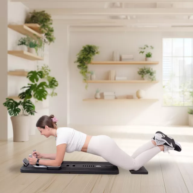 Pilates reformer inSPORTline Trancer Basic, csúszásmentes, összecsukható kialakítás, kivehető kijelző, állvány telefon számára