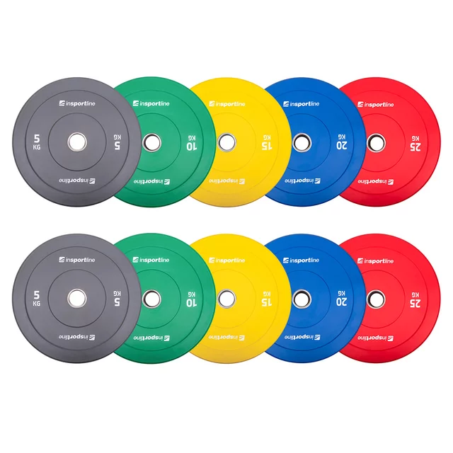 2x5 darabos gumikorong szett inSPORTline Bumper Plate Go 2x 5-25 kg 50 mm, otthoni és edzőtermi használatra, kiváló kivitelezés, kopásálló kialakítás