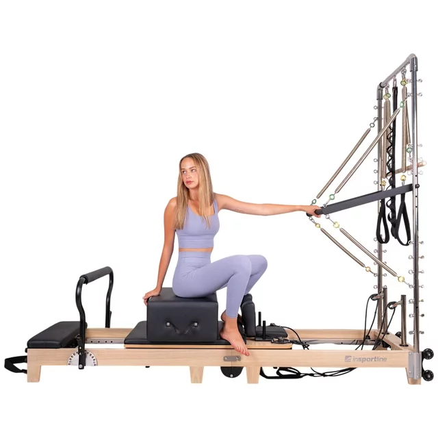 Pilates Reformer torony inSPORTline Driftaler, stabil szerkezet, 53 rögzítőszem, V-alakú fogantyú, négy hosszú és négy rövid prémium rugó