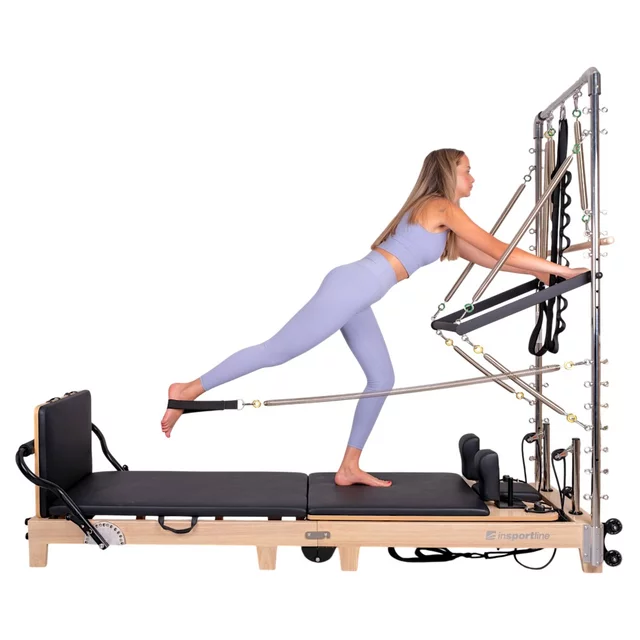 Pilates Reformer torony inSPORTline Driftaler, stabil szerkezet, 53 rögzítőszem, V-alakú fogantyú, négy hosszú és négy rövid prémium rugó