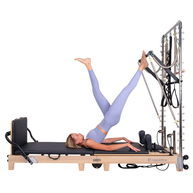 Pilates Reformer torony inSPORTline Driftaler, stabil szerkezet, 53 rögzítőszem, V-alakú fogantyú, négy hosszú és négy rövid prémium rugó