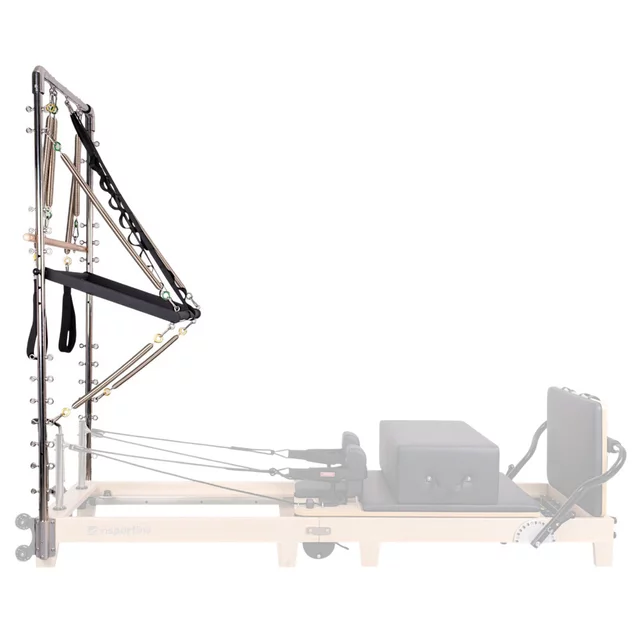 Pilates Reformer torony inSPORTline Driftaler, stabil szerkezet, 53 rögzítőszem, V-alakú fogantyú, négy hosszú és négy rövid prémium rugó